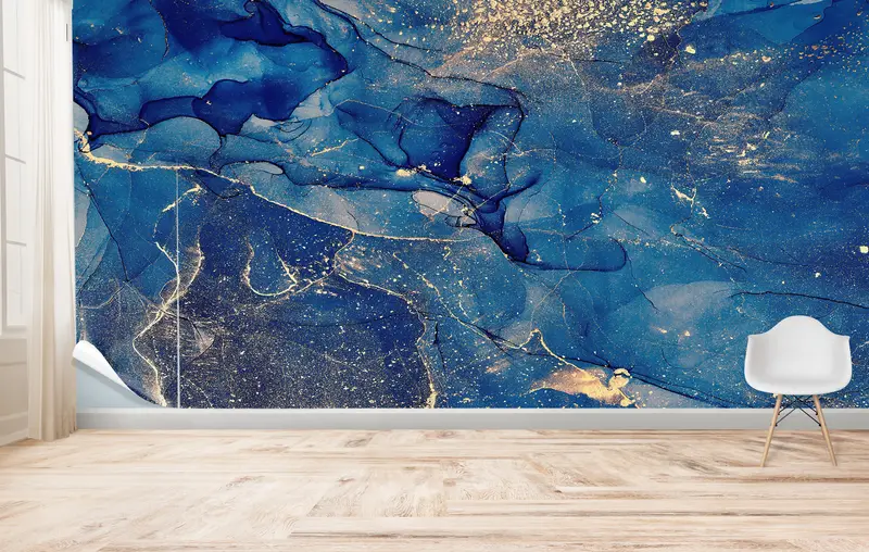 Zarif Baskılı Lüks Mermer Duvar Kağıdı: Mavi, Altın Pırıltılı Tasarım