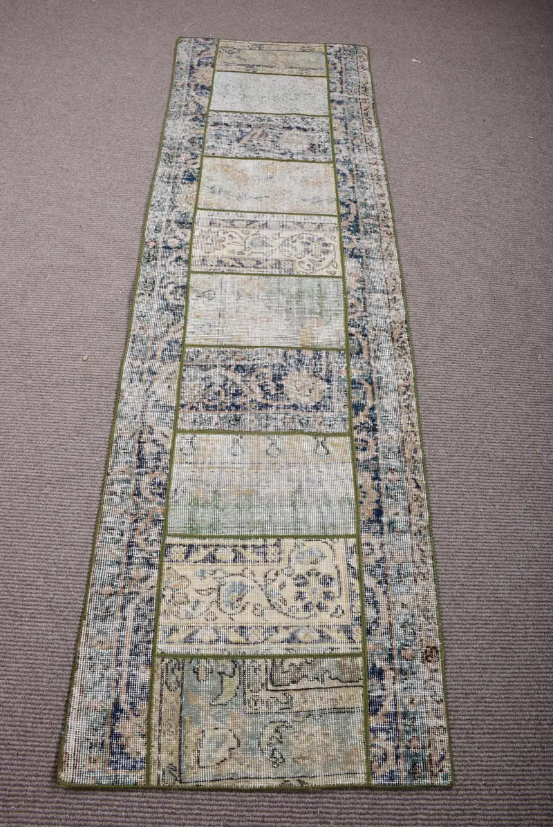 Türk Vintage Halısı, 2.3x7.9 ft Oushak Halısı, Mavi Yolluk Çiçekli Halı - 1