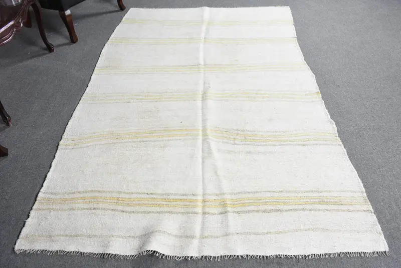 Alfombra vintage de 4,8x7,76 pies, alfombra turca, alfombra de rayas blancas Kilim - 1