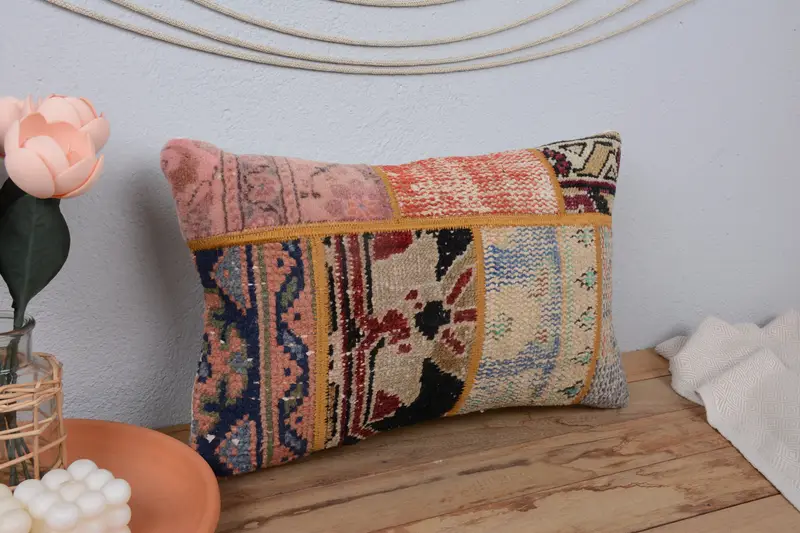 Vintage Kilim Throw Pillow, Turkish Pillow, 12x20 Blue Cushion Cover, Pillow for Sofa, Pillow, Colorful Pillow Sham, Sofa Pillow, Muted Cushion - 1