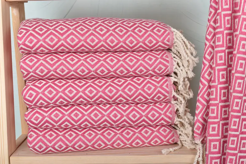 Personalized Turkish Towel Fuchsia Diamond, Beige, Organic Cotton/Linen, 40x71 Inches