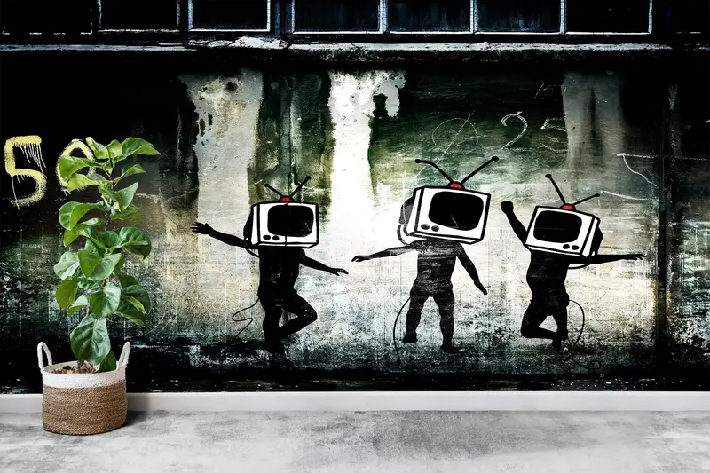 Banksy'den Esinlenen Grafiti Dans Eden İnsanlar Duvar Kağıdı Baskılı