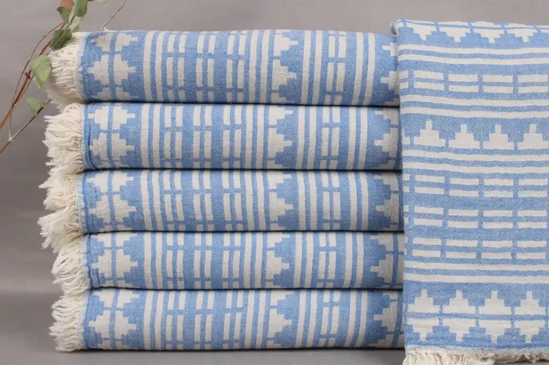Personalized Turkish Bath Towel Blue Geometric Design, 71x40 Inches