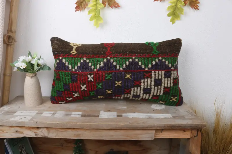 Pillow Case, 12x24 Blue Pillow, Nomadic Pillow Sham, Bolster Cushion Cover, Turkish Kilim Pillow, Vintage Pillow, Antique Pillows - 1