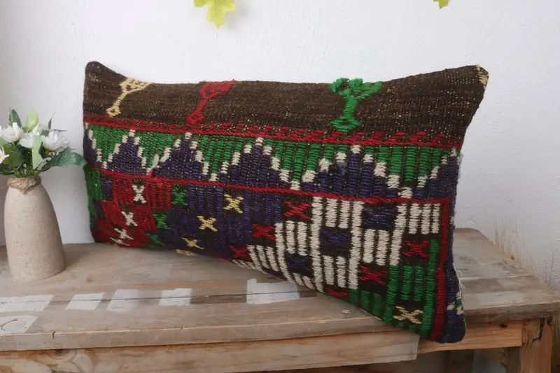 Pillow Case, 12x24 Blue Pillow, Nomadic Pillow Sham, Bolster Cushion Cover, Turkish Kilim Pillow, Vintage Pillow, Antique Pillows - 4