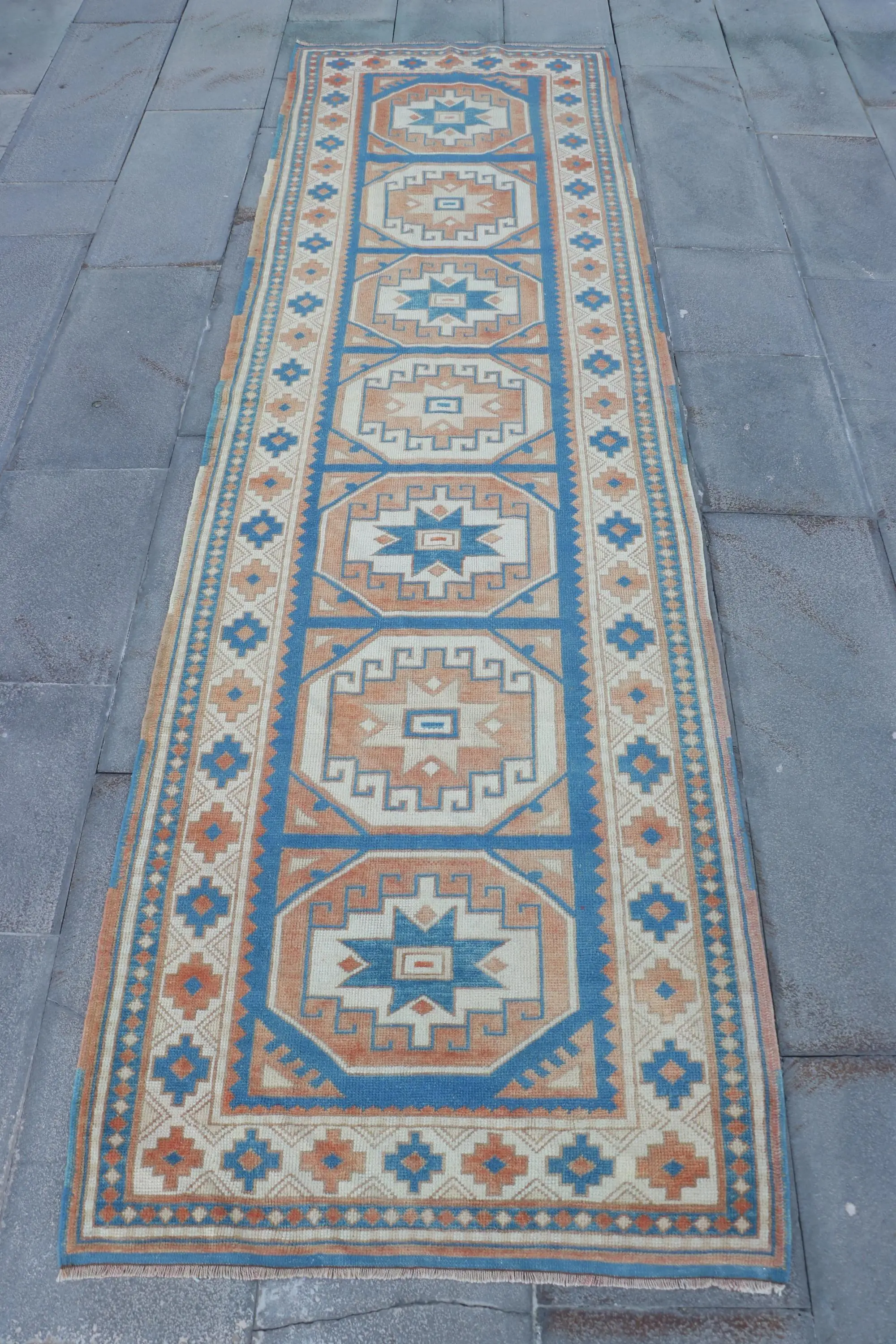 Vintage Turkish Rug 2.8x9.4 ft (84x287 cm), Blue Wool Rug - 1