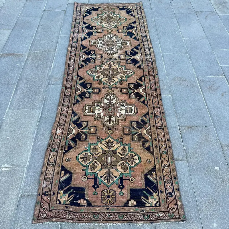Vintage Turkish Runner Rug 3.2x9.5 ft, Brown Blue Solid Rug - 1