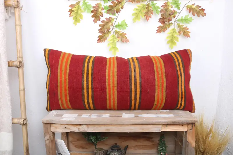 Ethnical Kilim Rug Pillow, Handmade Kilim Cushion, Muted Pillow Case, 16x36 Orange Pillow Case, Cushion, Oriental Cushion Case, Boho Pillow - 1