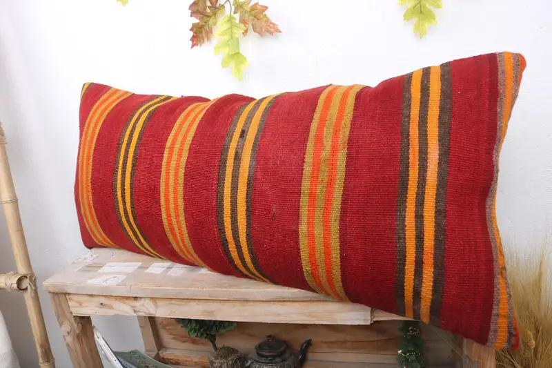 Ethnical Kilim Rug Pillow, Handmade Kilim Cushion, Muted Pillow Case, 16x36 Orange Pillow Case, Cushion, Oriental Cushion Case, Boho Pillow - 4