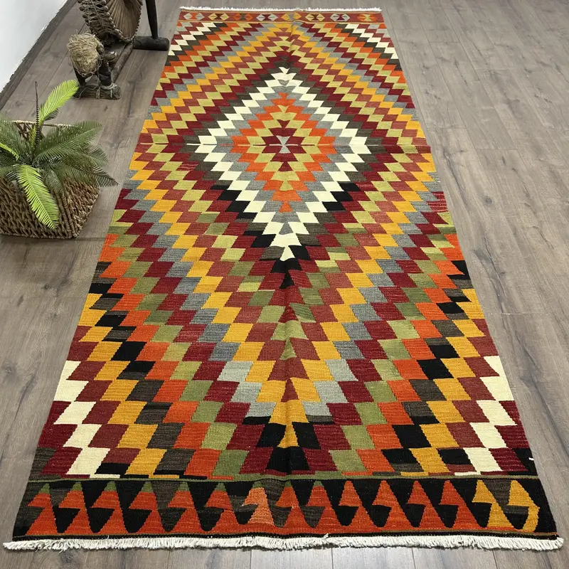 レッド サウスウェスタン ラグ、4.3x11.2 フィートの鮮やかな装飾