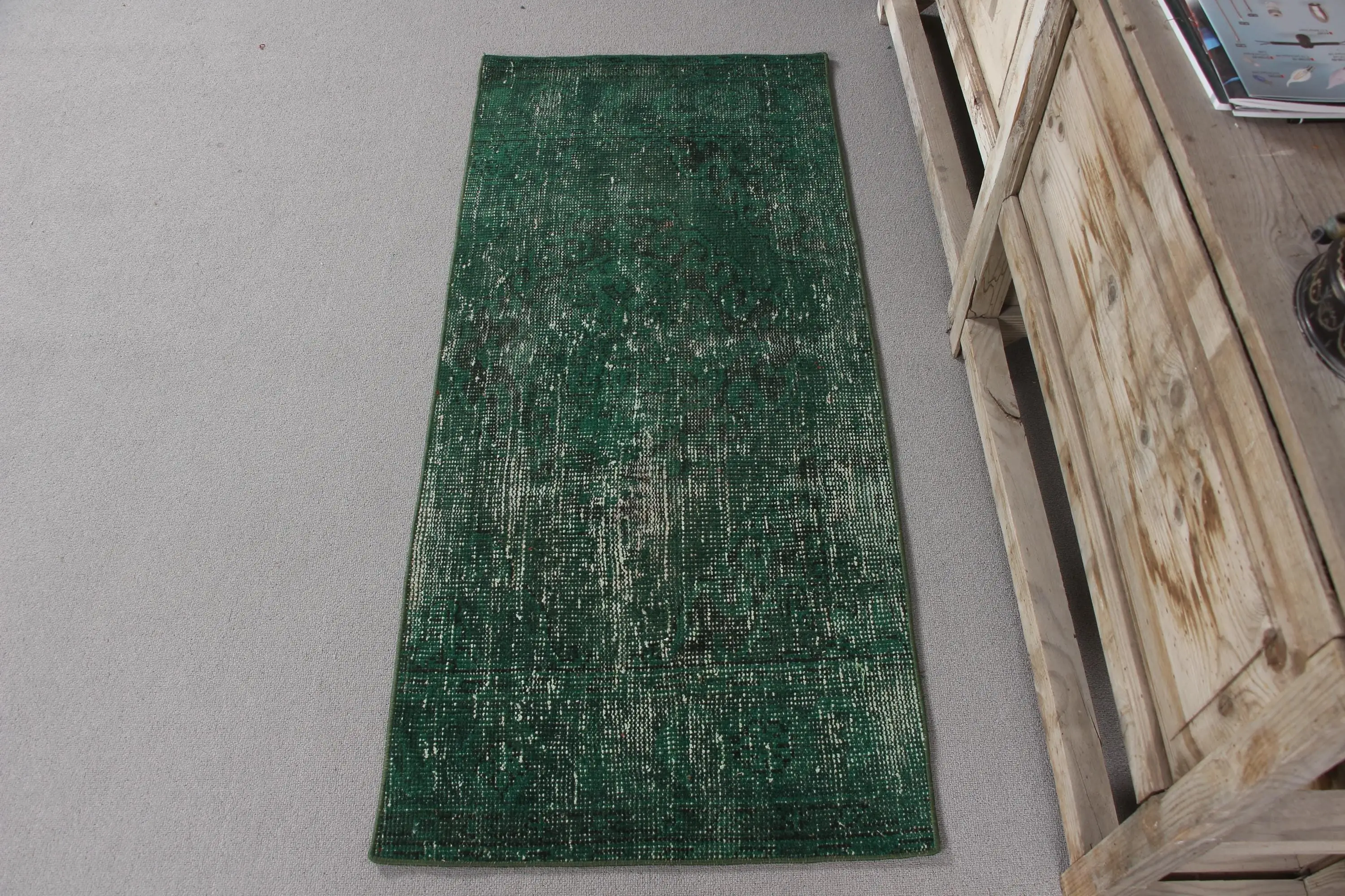 Vintage Turkish Rug, 2x4.5 ft Rug, Green White Floral Rug - 1