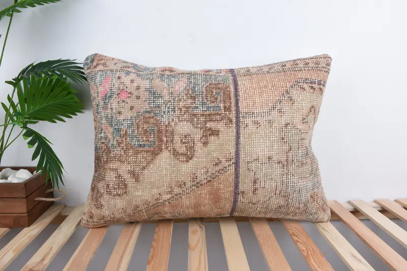 Turkish Bench Pillow Sham, Office Chair Cushion Case, Vintage Pillow, Cushion, 20x28 Beige Cushion Cover, Home Decor Pillow, Turkish Kilim Pillow - 1