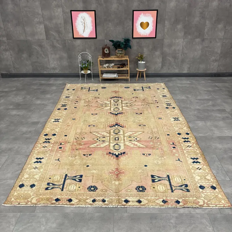 Turkish Vintage Rug, 6.7x10.3 ft Oushak Rug, Brown Oversize Abstract Rug - 1