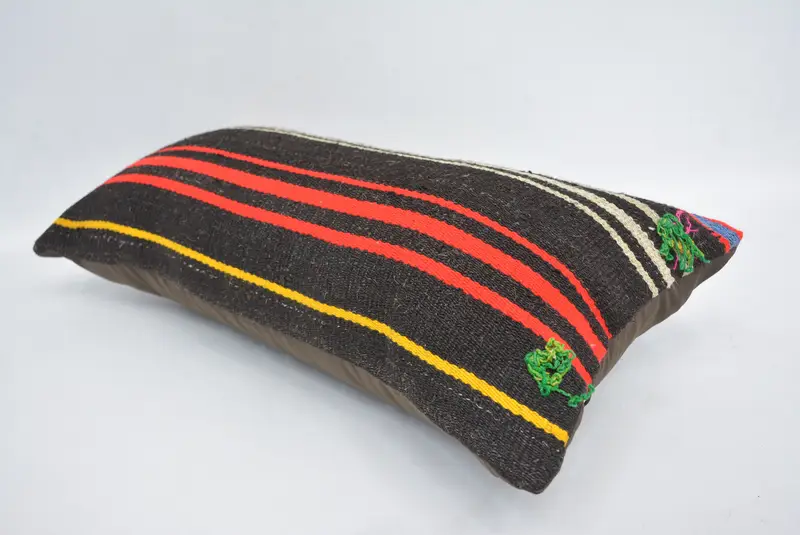Vintage Kilim Throw Pillow, Turkish Pillow, Handmade Kilim Cushion, 12x24 Black Cushion Case, Living Room Throw Pillow Case, Cushion Case - 6