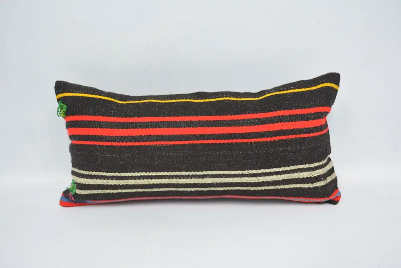Vintage Kilim Throw Pillow, Turkish Pillow, Handmade Kilim Cushion, 12x24 Black Cushion Case, Living Room Throw Pillow Case, Cushion Case - 1