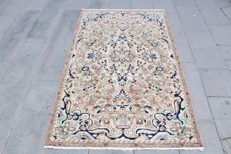 3.6x5.8 ft Turkish Rug, Vintage Oversize Rug, Blue Pink Check Rug - 1