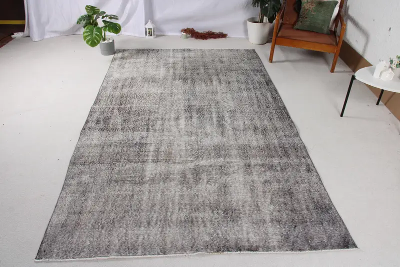 Vintage Türk Halısı 5x8,8 ft (151x267 cm), Oushak Gri Siyah Soyut Halı - 1