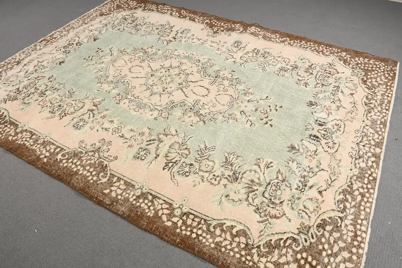 Turkish Large Rug 6x8.3 ft, Vintage Oushak Brown Floral Wool Rug - 1