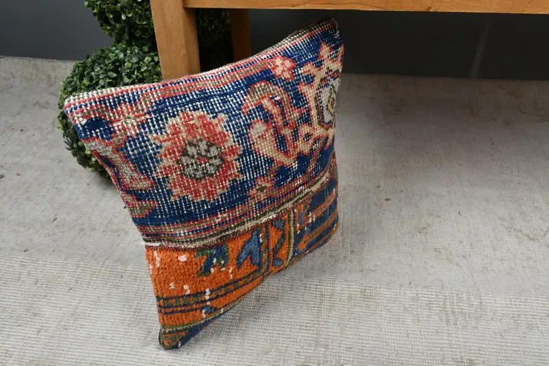 14x14 Blue Cushion, Crochet Pattern Cushion Cover, Comfy Throw Cushion Case, Vintage Kilim Throw Pillow, Pillow Cover, Antique Pillows, Boho Pillow - 7