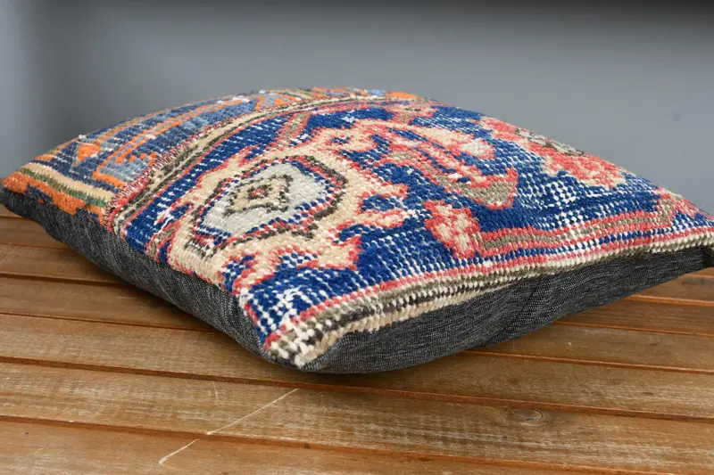 14x14 Blue Cushion, Crochet Pattern Cushion Cover, Comfy Throw Cushion Case, Vintage Kilim Throw Pillow, Pillow Cover, Antique Pillows, Boho Pillow - 4