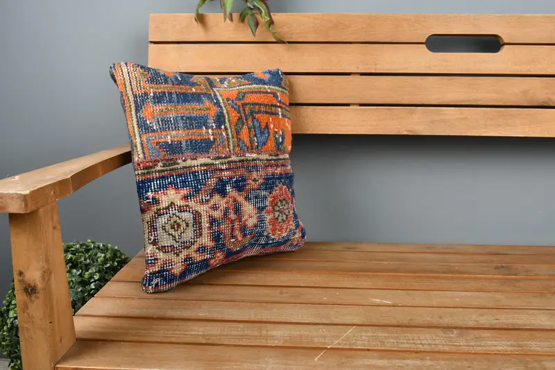 14x14 Blue Cushion, Crochet Pattern Cushion Cover, Comfy Throw Cushion Case, Vintage Kilim Throw Pillow, Pillow Cover, Antique Pillows, Boho Pillow - 1