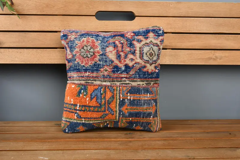 14x14 Blue Cushion, Crochet Pattern Cushion Cover, Comfy Throw Cushion Case, Vintage Kilim Throw Pillow, Pillow Cover, Antique Pillows, Boho Pillow - 6