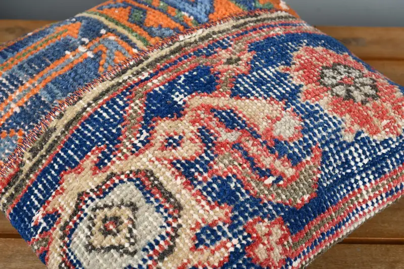 14x14 Blue Cushion, Crochet Pattern Cushion Cover, Comfy Throw Cushion Case, Vintage Kilim Throw Pillow, Pillow Cover, Antique Pillows, Boho Pillow - 3