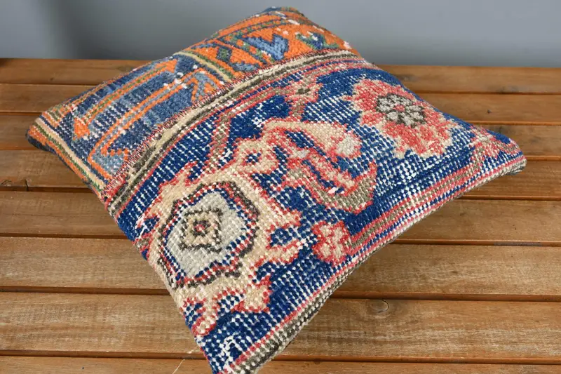 14x14 Blue Cushion, Crochet Pattern Cushion Cover, Comfy Throw Cushion Case, Vintage Kilim Throw Pillow, Pillow Cover, Antique Pillows, Boho Pillow - 2