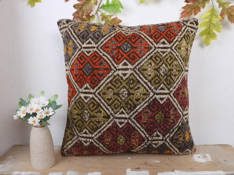 Grün & Rot besticktes Wurfkissen, 18x18 Vintage Kissen
