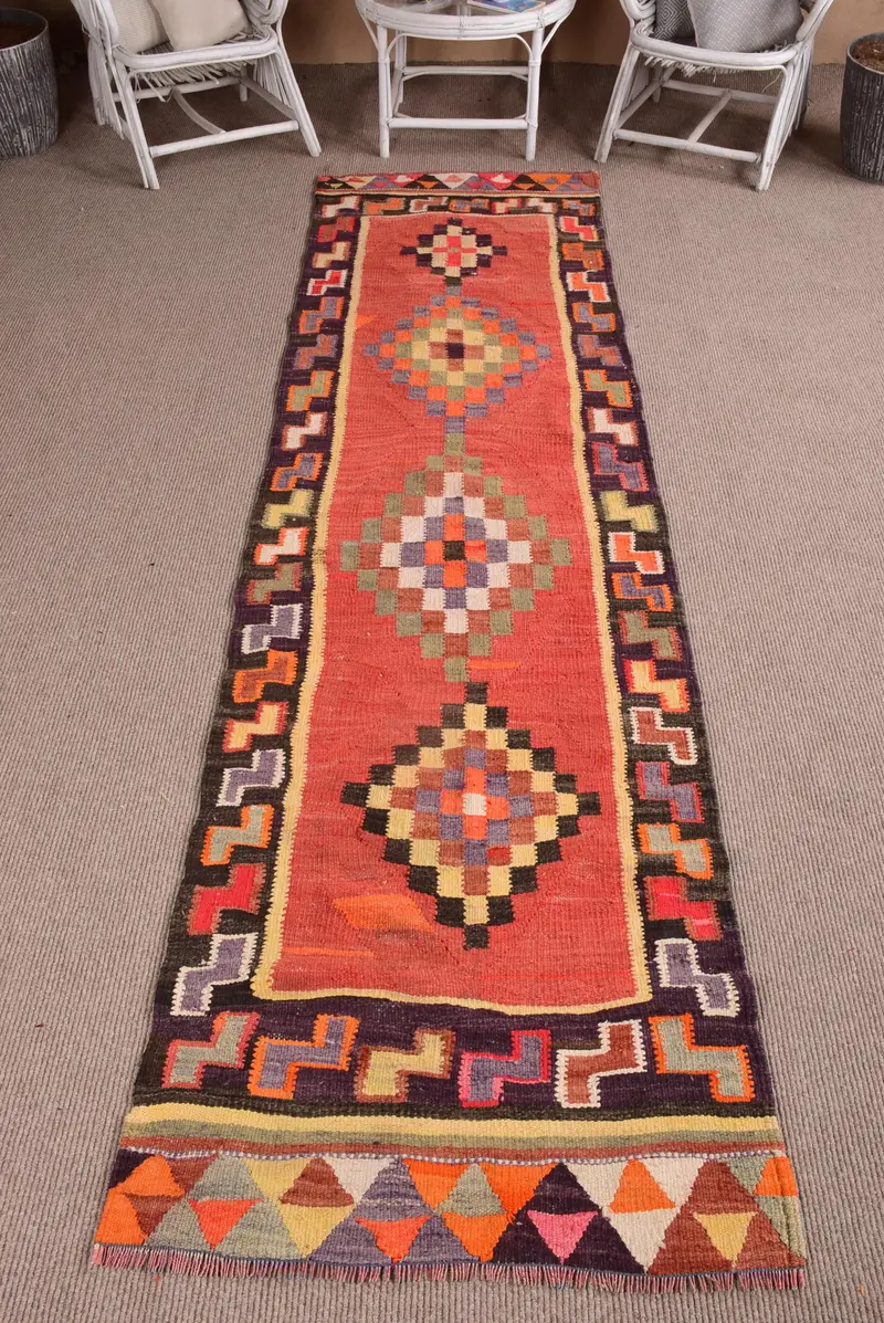 Vintage Turkish Rug 3x10.8 ft, Kilim Red Solid Wool Rug - 1