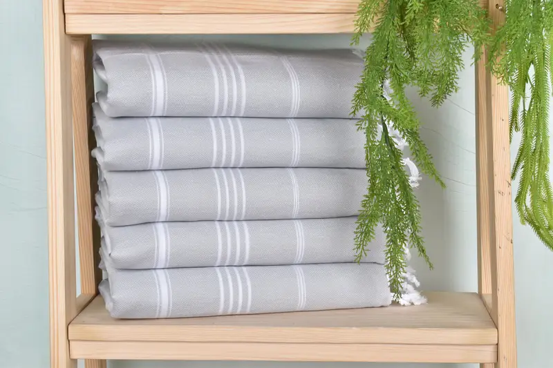 Monogram Beach Towel Light Gray Striped, 40x71 Inches Organic Cotton/Linen