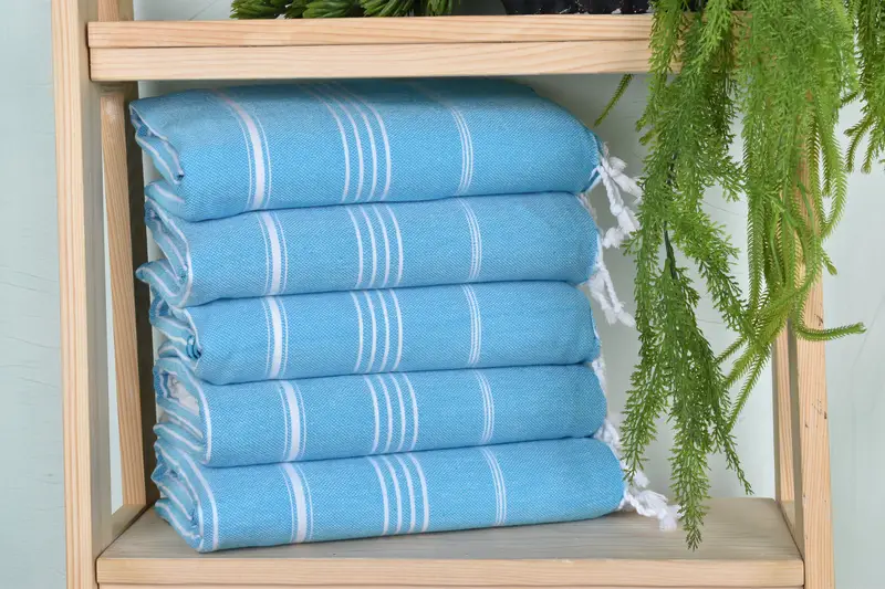 Turkish Bath Towel Handmade Organic Cotton Turquoise Striped, 40x71 Inches