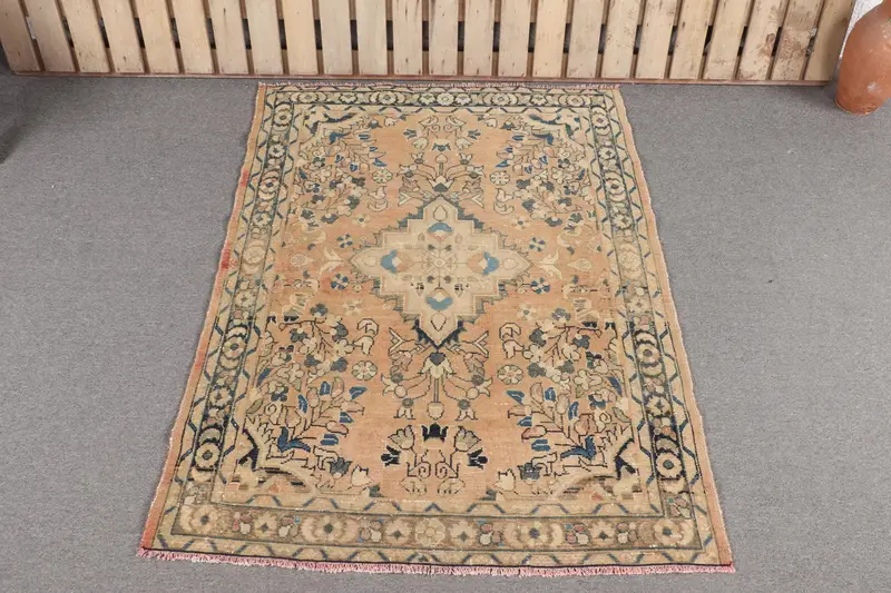 Handmade Bronze & Blue Rug, 3.8x5 ft Patchwork