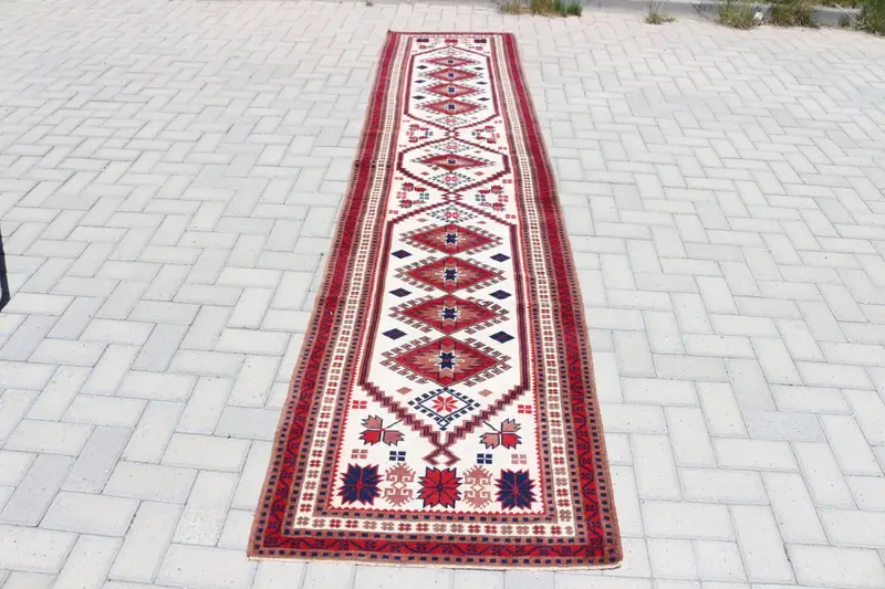 2.6x11.9 ft Vintage Rug, Turkish Runner Rug, Red Blue Camouflage Wool Rug - 1