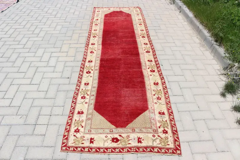 Vintage türkischer Läuferteppich 3x9,8 Fuß, rot-weißer Wollteppich - 1