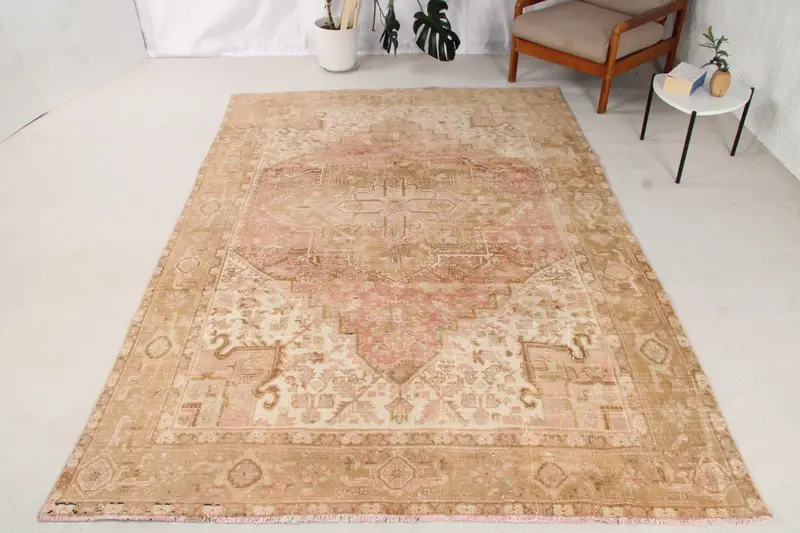 Vintage 6.3x9.4 ft Rug, Oushak Turkish Rug, Brown Ombré Rug Wool - 1