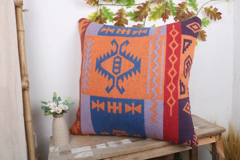 24x24 Orange Pillow, Sustainable Cushion Cover, Boho Pillow Sham Cover, Pillow Case, Vintage Kilim Throw Pillow, Antique Pillows - 4