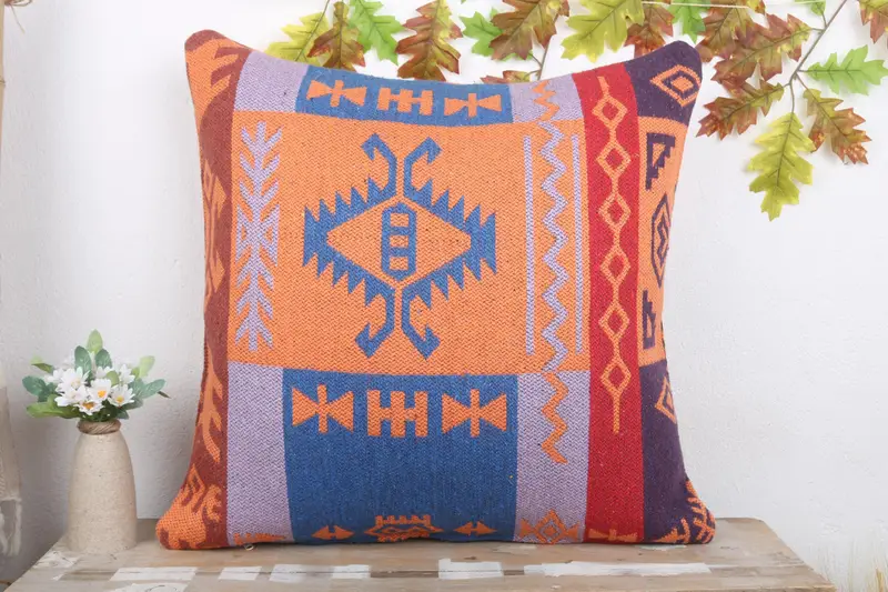 24x24 Orange Pillow, Sustainable Cushion Cover, Boho Pillow Sham Cover, Pillow Case, Vintage Kilim Throw Pillow, Antique Pillows - 2