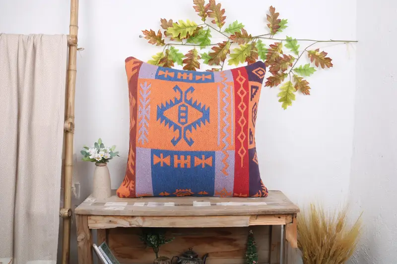 24x24 Orange Pillow, Sustainable Cushion Cover, Boho Pillow Sham Cover, Pillow Case, Vintage Kilim Throw Pillow, Antique Pillows - 1