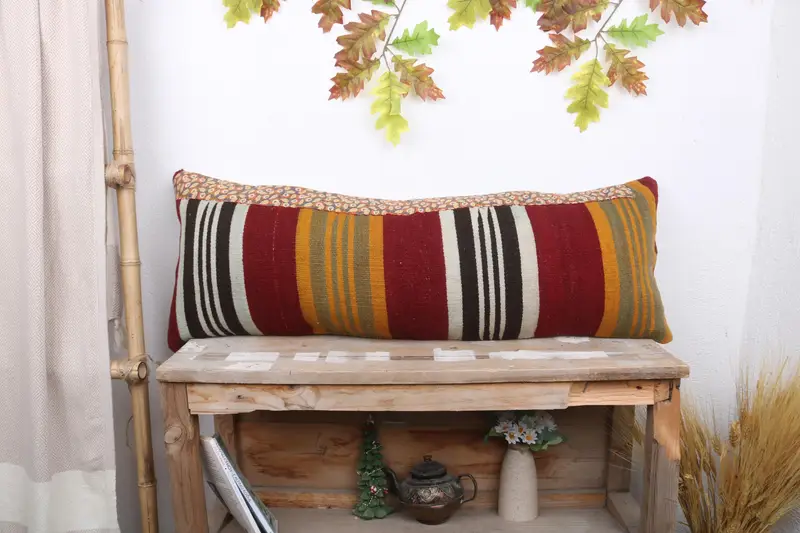 Red & Green Striped Throw Pillow, 12x36 Embroidered Cushion