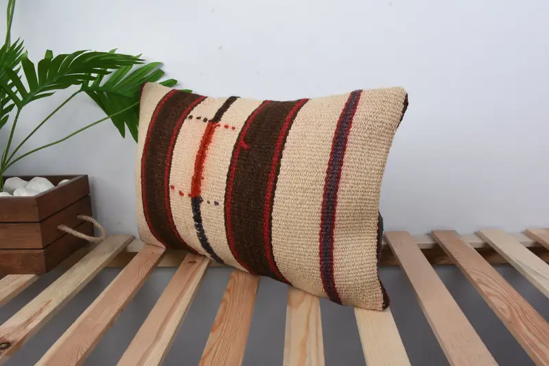 Decorative Bolster Cushion, Interior Designer Pillow, Kilim Pillow Cover, Pillow, 12x20 Beige Pillow Cover, Handmade Kilim Cushion - 5
