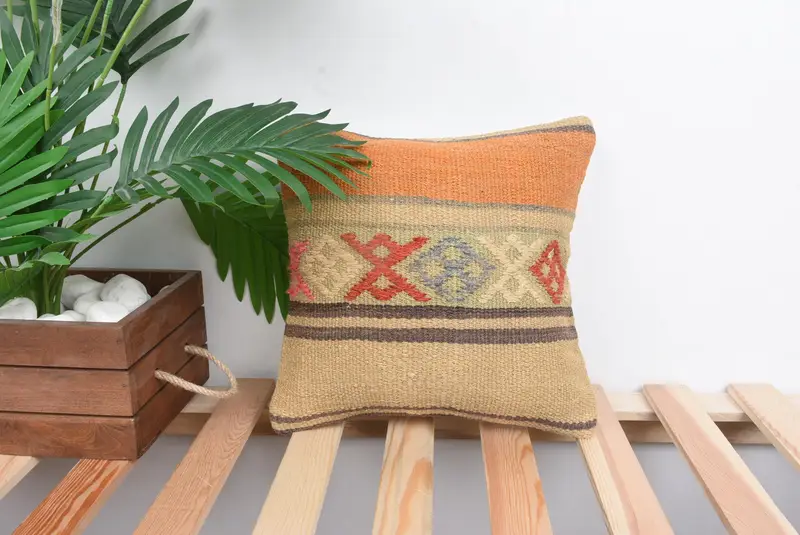 Boho Pillow Sham Cover, Boho Pillow, 12x12 Beige Cushion Case, Pillow Sham, Tribal Pillow Cover, Hippie Throw Cushion Cover, Gift Pillow - 1