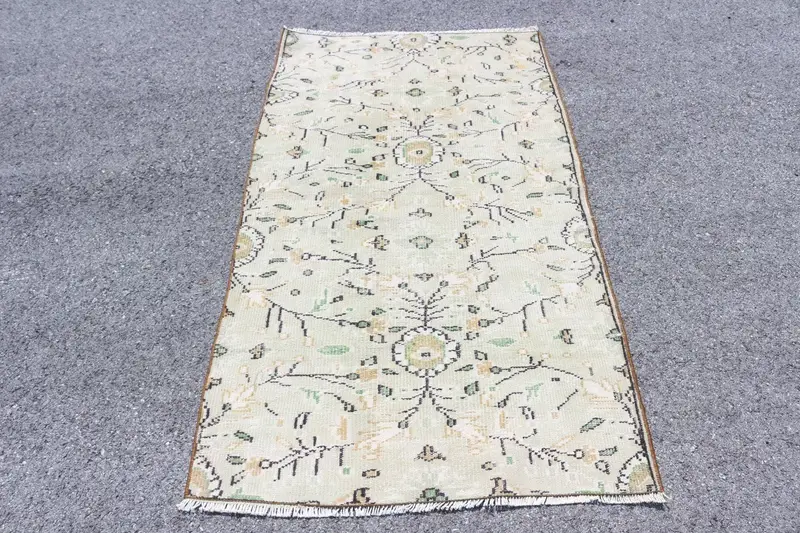 3.3x5.9 ft Vintage Accent Rug, Green Yellow Turkish Ikat Wool Rug - 1