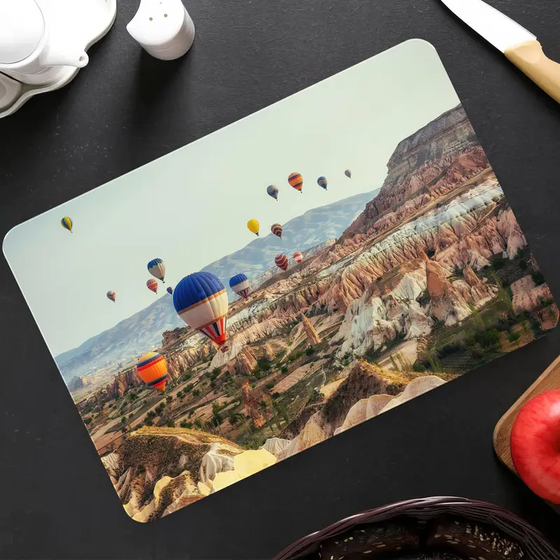 Hava Balonlu Peyzaj Tasarımlı Şeffaf Cam Kesim Tahtası