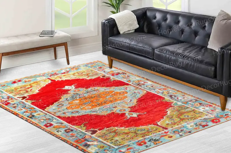 レッドメダリオンヴィンテージプリントラグ：花柄、柔らかい生地