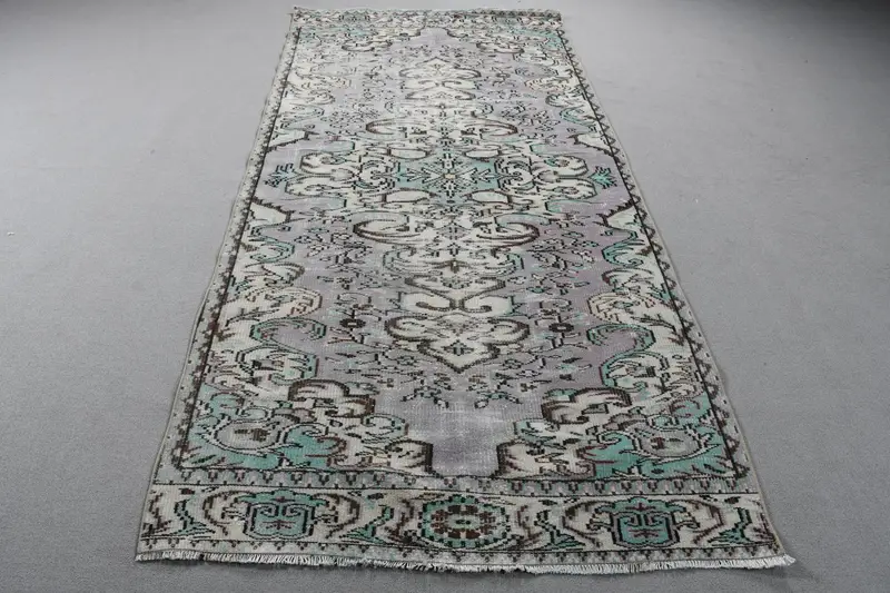 パープル&グリーンラグ、4.2x9フィートボタニカルデザイン