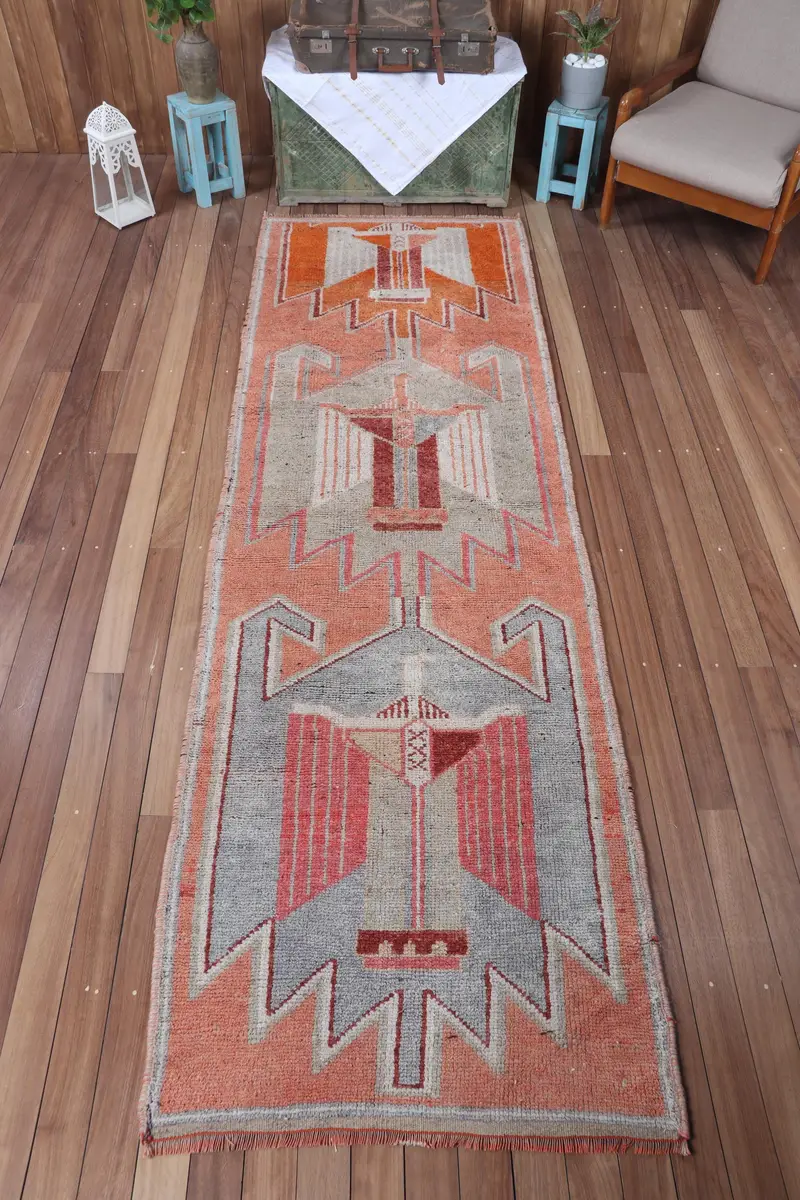 Vintage türkischer kleiner Teppich 3,2x10,6 ft, orange-rosa geometrischer Teppich - 1