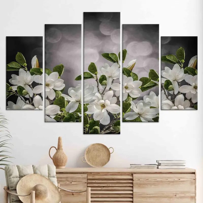 Moderne Magnolienblumen-Leinwand: Eleganter Bauernhaus-Dekordruck