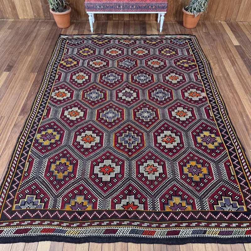 Turkish Vintage Oushak Large Rug 6.9x10 ft, Red Striped Rug Wool - 1