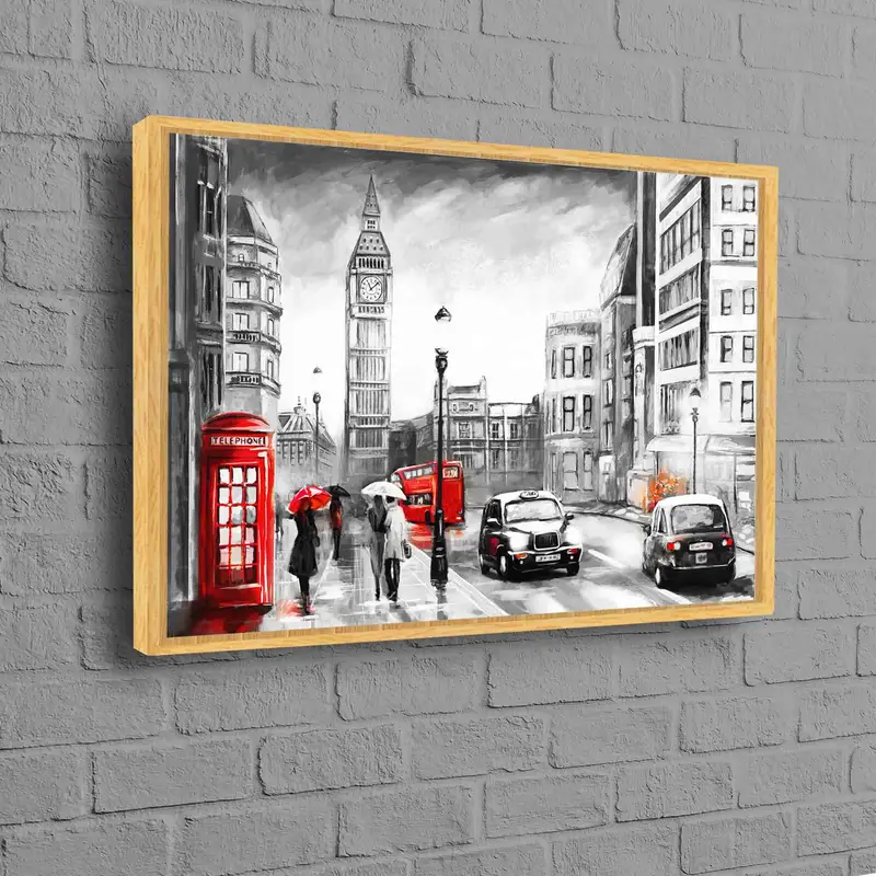 Cuadro: Día lluvioso, paisaje urbano de Londres con paraguas rojo